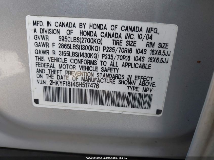 2005 Honda Pilot Lx VIN: 2HKYF18145H517476 Lot: 43318896