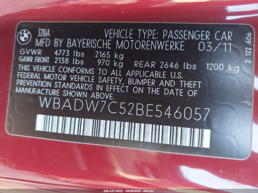 2011 BMW 328I VIN: WBADW7C52BE546057 Lot: 43318922