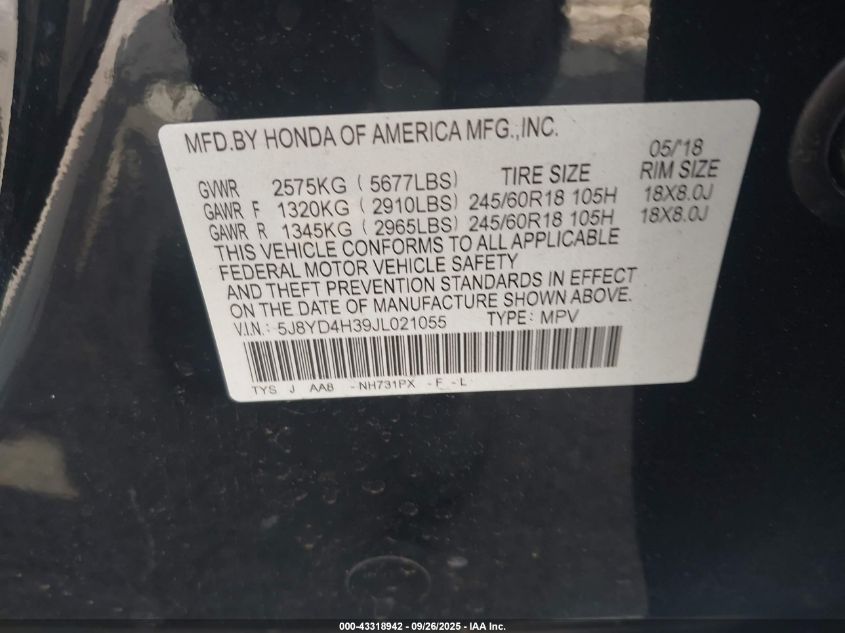 2018 Acura Mdx VIN: 5J8YD4H39JL021055 Lot: 43318942