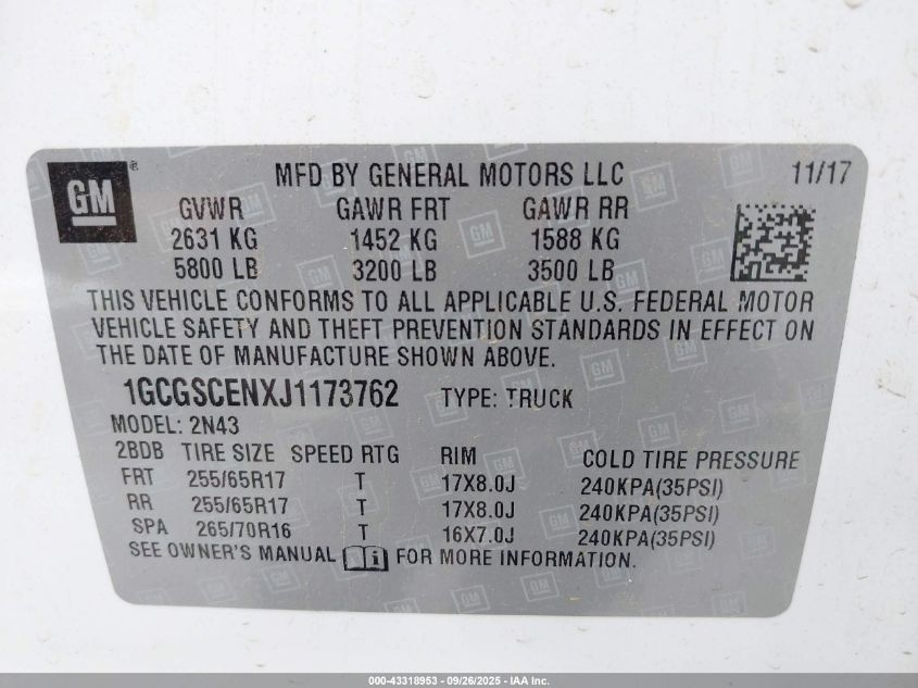 2018 Chevrolet Colorado Lt VIN: 1GCGSCENXJ1173762 Lot: 43318953