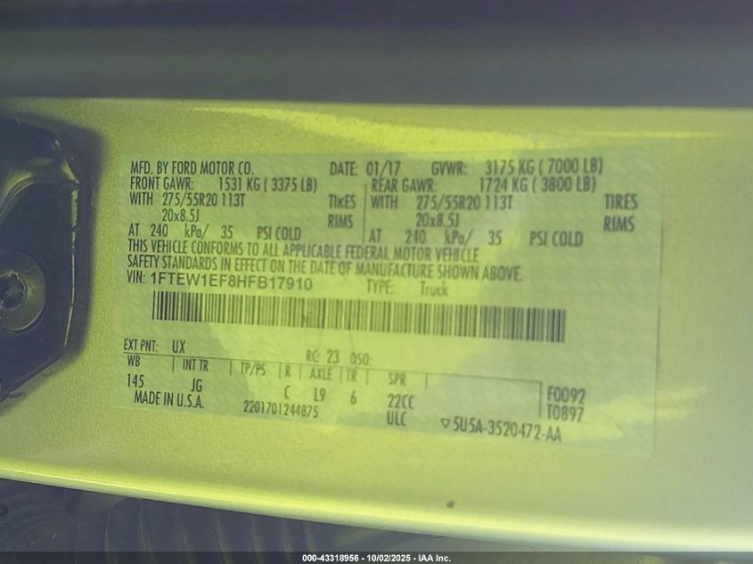 2017 Ford F150 Supercrew VIN: 1FTEW1EF8HFB17910 Lot: 43318956
