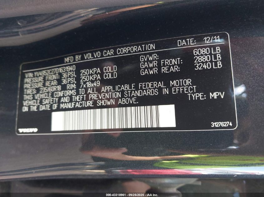 2013 Volvo Xc90 3.2/3.2 Platinum/3.2 Premier Plus VIN: YV4952CZ7D1631940 Lot: 43318961