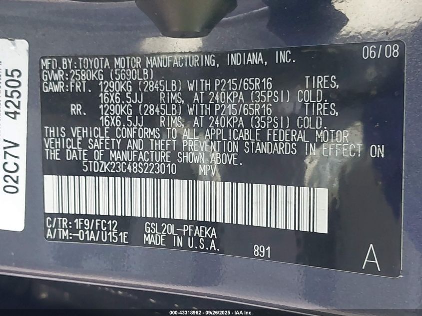 2008 Toyota Sienna Le VIN: 5TDZK23C48S223010 Lot: 43318962