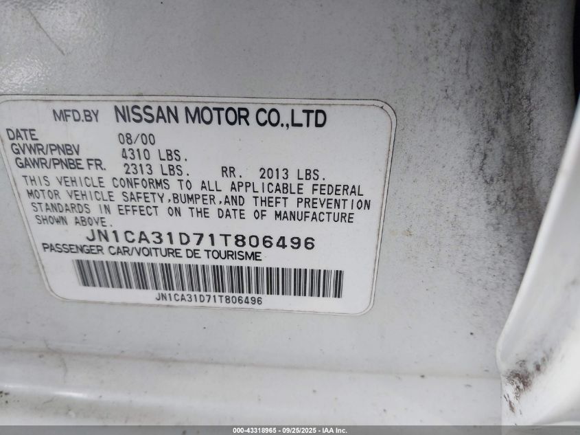 2001 Nissan Maxima Gxe VIN: JN1CA31D71T806496 Lot: 43318965