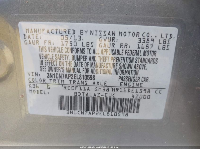 2014 Nissan Versa 1.6 S+ VIN: 3N1CN7AP2EL810598 Lot: 43318974