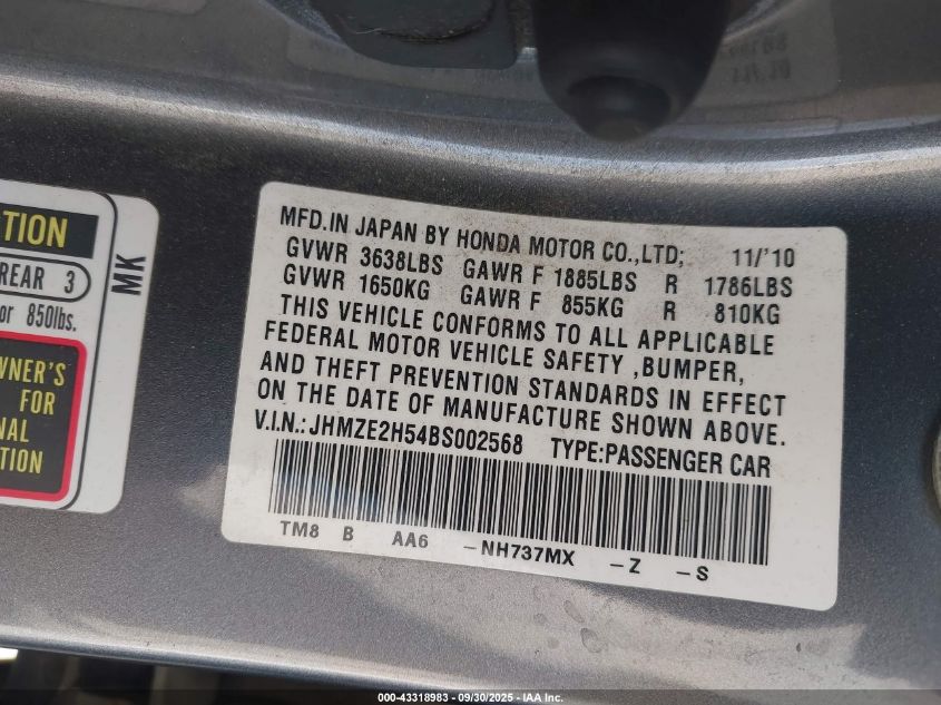 2011 Honda Insight Lx VIN: JHMZE2H54BS002568 Lot: 43318983