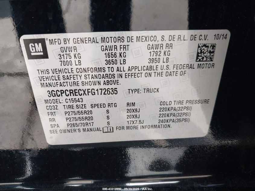 2015 Chevrolet Silverado 1500 1Lt VIN: 3GCPCRECXFG172635 Lot: 43318990