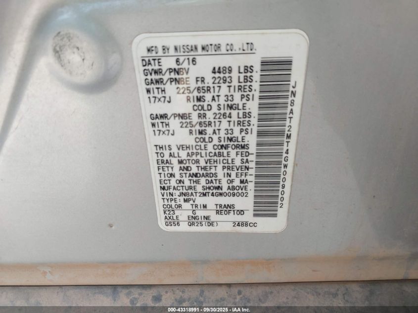 2016 Nissan Rogue S/Sl/Sv VIN: JN8AT2MT4GW009002 Lot: 43318991