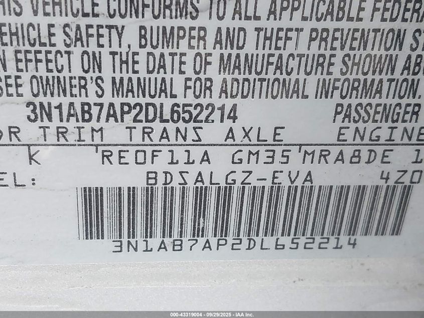 2013 Nissan Sentra Sl VIN: 3N1AB7AP2DL652214 Lot: 43319004