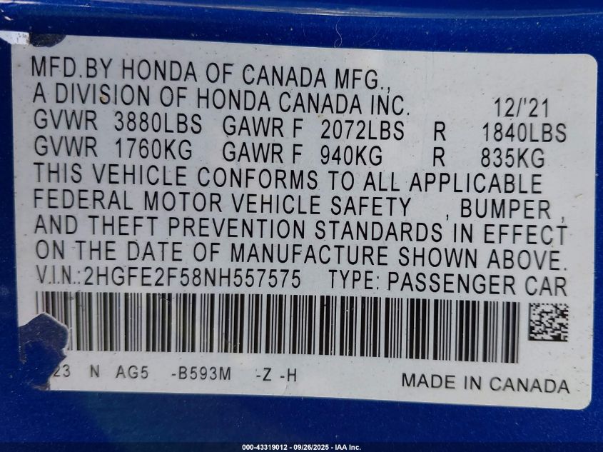 2022 Honda Civic Sport VIN: 2HGFE2F58NH557575 Lot: 43319012