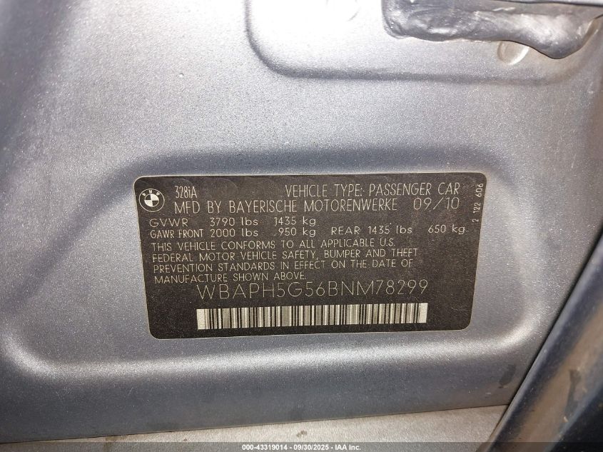 2011 BMW 328I VIN: WBAPH5G56BNM78299 Lot: 43319014