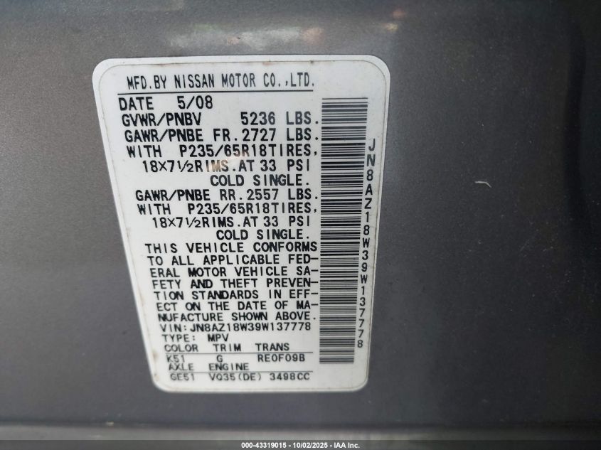 2009 Nissan Murano S VIN: JN8AZ18W39W137778 Lot: 43319015