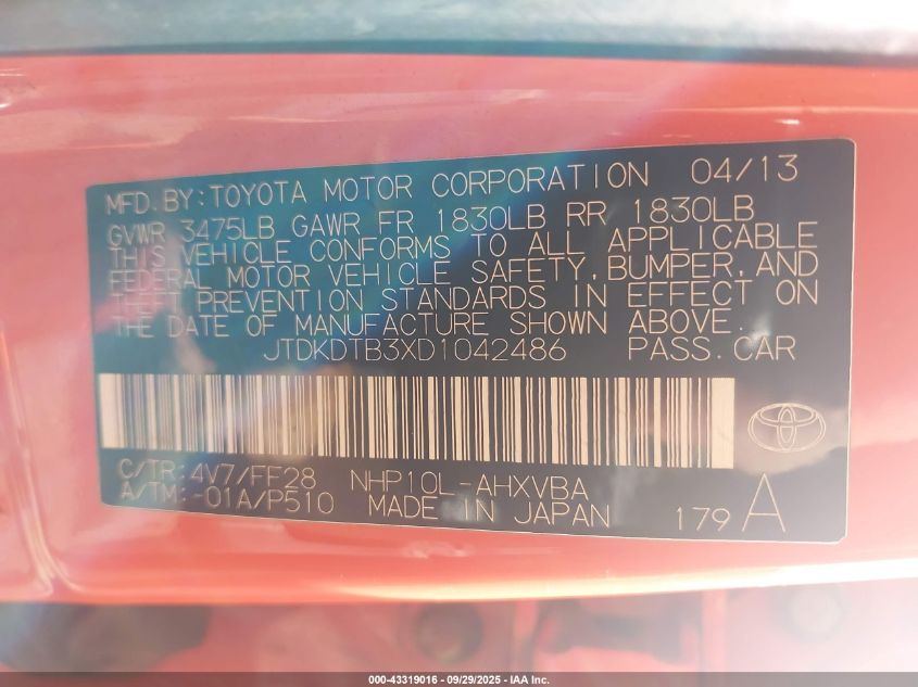 2013 Toyota Prius C Two VIN: JTDKDTB3XD1042486 Lot: 43319016