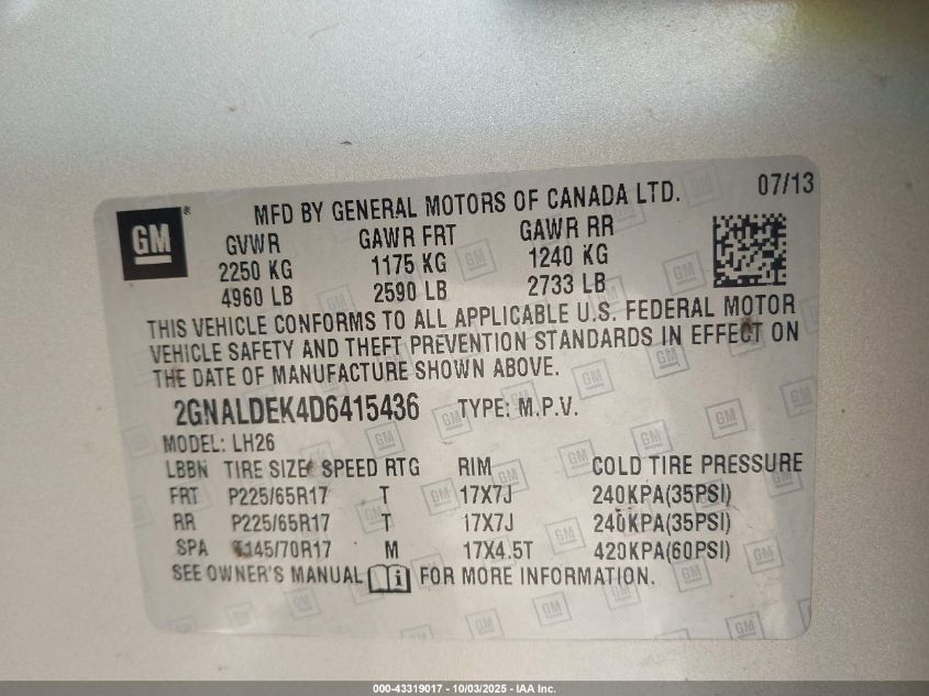 2013 Chevrolet Equinox 1Lt VIN: 2GNALDEK4D6415436 Lot: 43319017