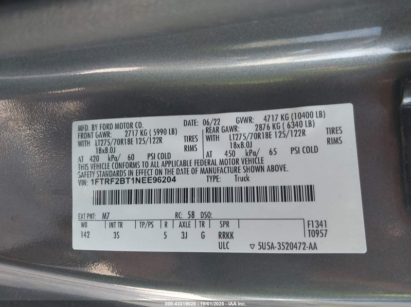 2022 Ford F-250 Xlt VIN: 1FTRF2BT1NEE96204 Lot: 43319028