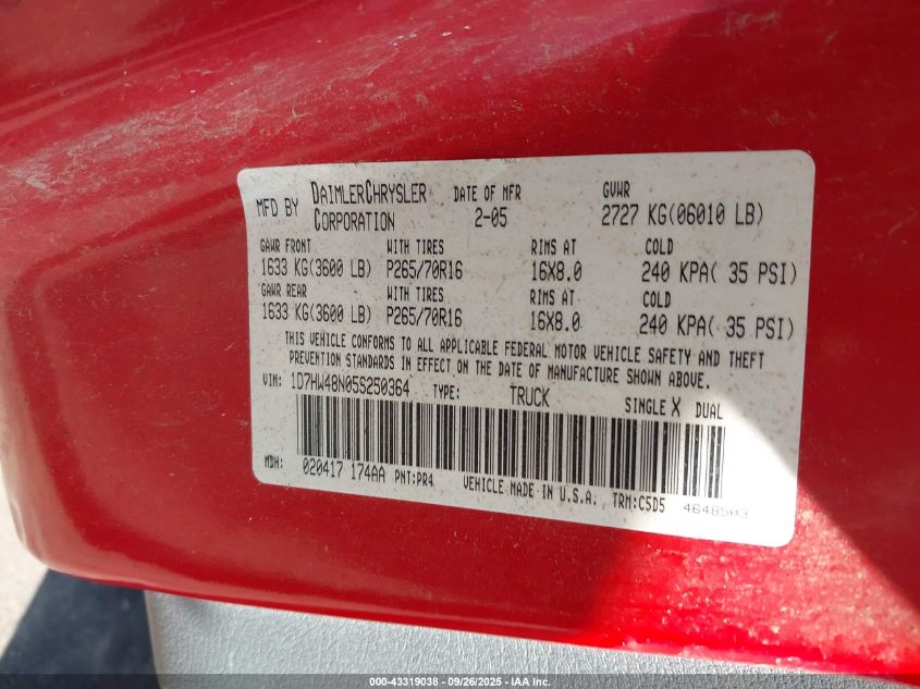 2005 Dodge Dakota Slt VIN: 1D7HW48N05S250364 Lot: 43319038