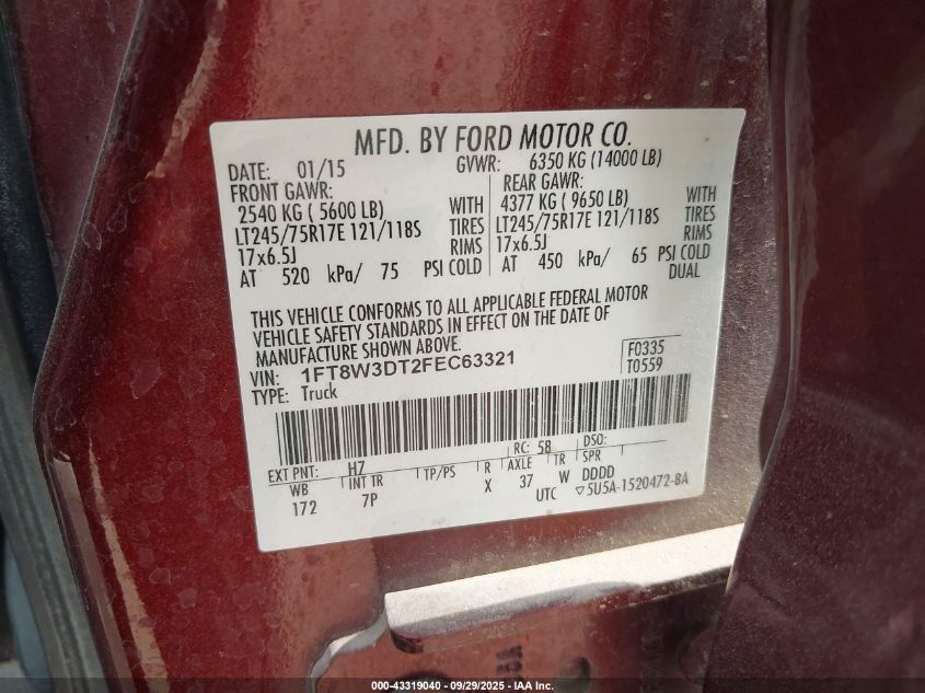 2015 Ford F-350 Lariat VIN: 1FT8W3DT2FEC63321 Lot: 43319040