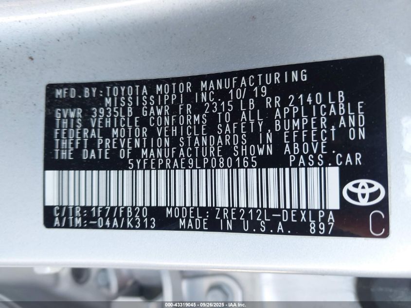 2020 Toyota Corolla Le VIN: 5YFEPRAE9LP080165 Lot: 43319045