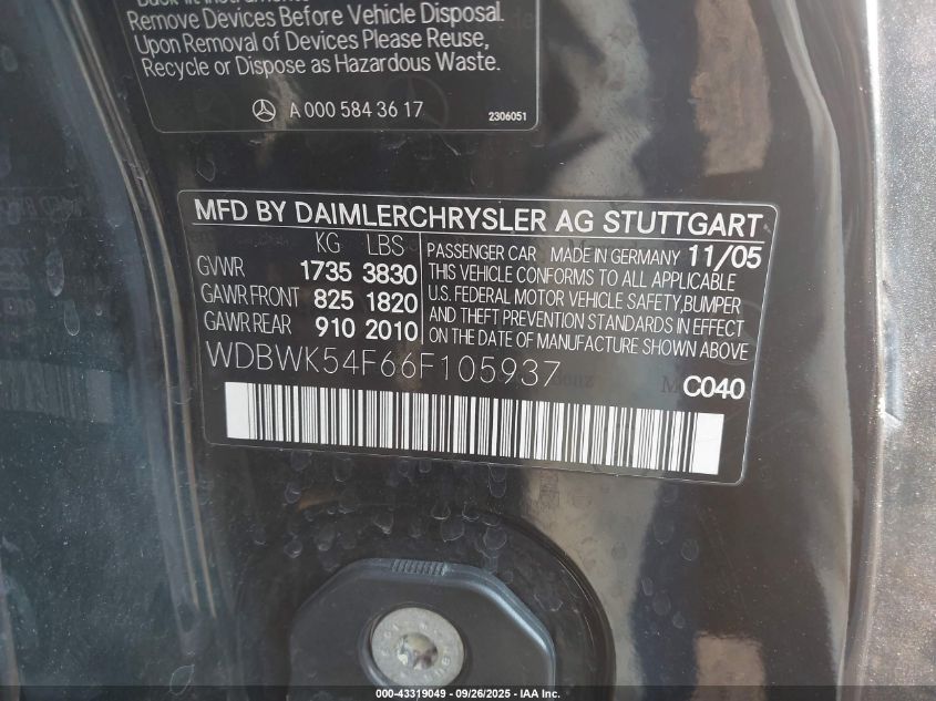 2006 Mercedes-Benz Slk 280 VIN: WDBWK54F66F105937 Lot: 43319049