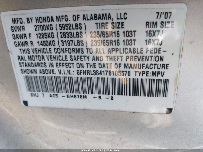 2007 Honda Odyssey Ex VIN: 5FNRL38417B105570 Lot: 43319051