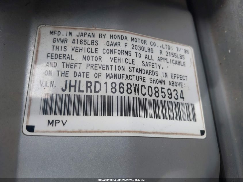 1998 Honda Cr-V Ex VIN: JHLRD1868WC085934 Lot: 43319054