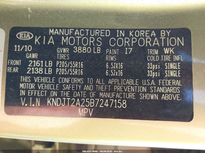 2011 Kia Soul + VIN: KNDJT2A25B7247158 Lot: 43319068