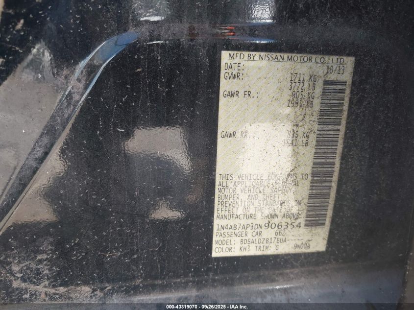 2013 Nissan Sentra Sv VIN: 1N4AB7AP3DN906354 Lot: 43319070