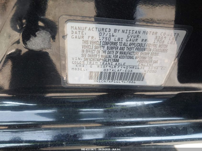 2016 Nissan Versa 1.6 S VIN: 3N1CN7AP1GL917886 Lot: 43319073