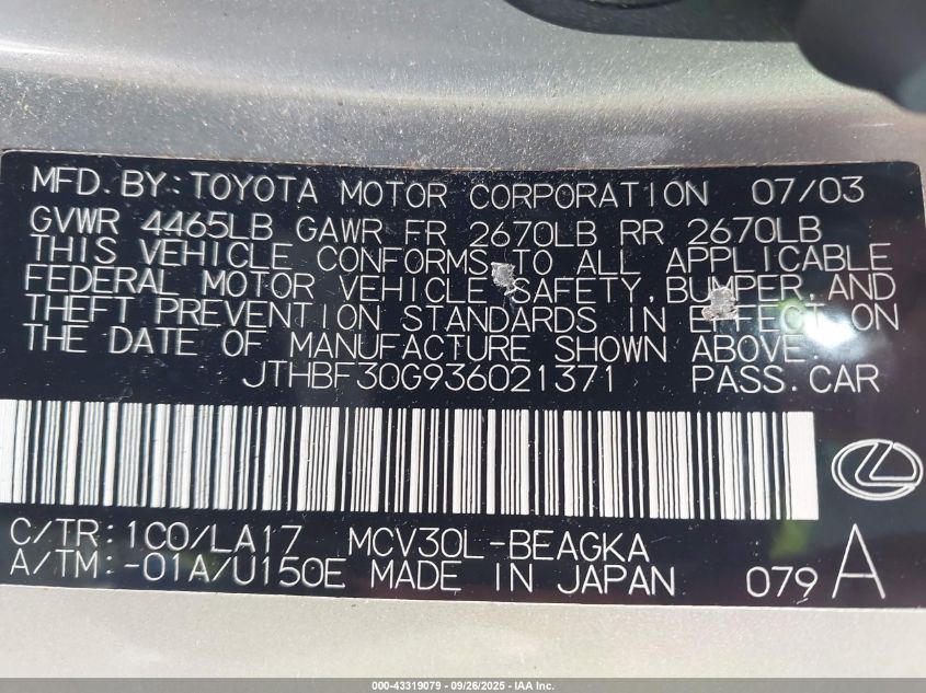 2003 Lexus Es 300 VIN: JTHBF30G936021371 Lot: 43319079