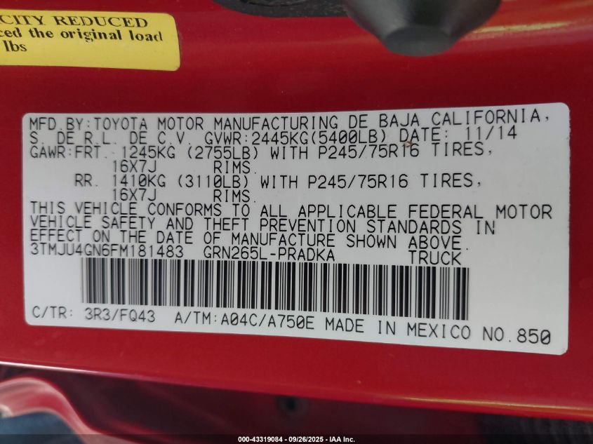 2015 Toyota Tacoma Prerunner V6 VIN: 3TMJU4GN6FM181483 Lot: 43319084