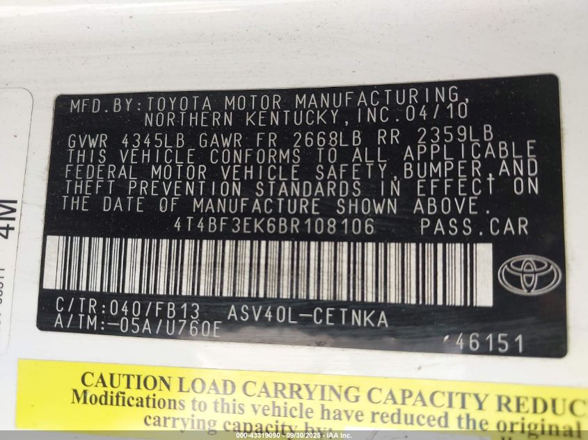 2011 Toyota Camry Le VIN: 4T4BF3EK6BR108106 Lot: 43319090