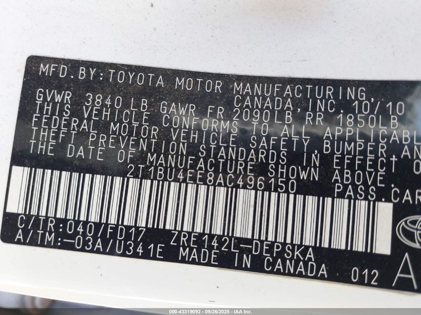 2010 Toyota Corolla S VIN: 2T1BU4EE8AC496150 Lot: 43319092