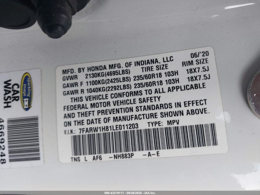 2020 Honda Cr-V 2Wd Ex-L VIN: 7FARW1H81LE011203 Lot: 43319111