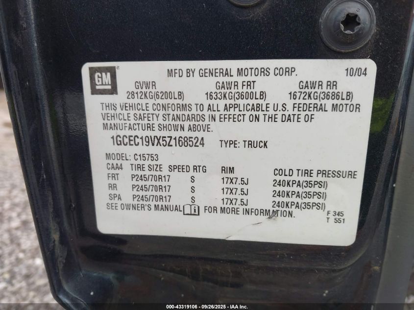 2005 Chevrolet Silverado 1500 Ls VIN: 1GCEC19VX5Z168524 Lot: 43319106