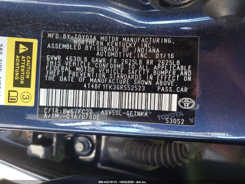 2016 Toyota Camry Le VIN: 4T4BF1FK3GR552523 Lot: 43319113