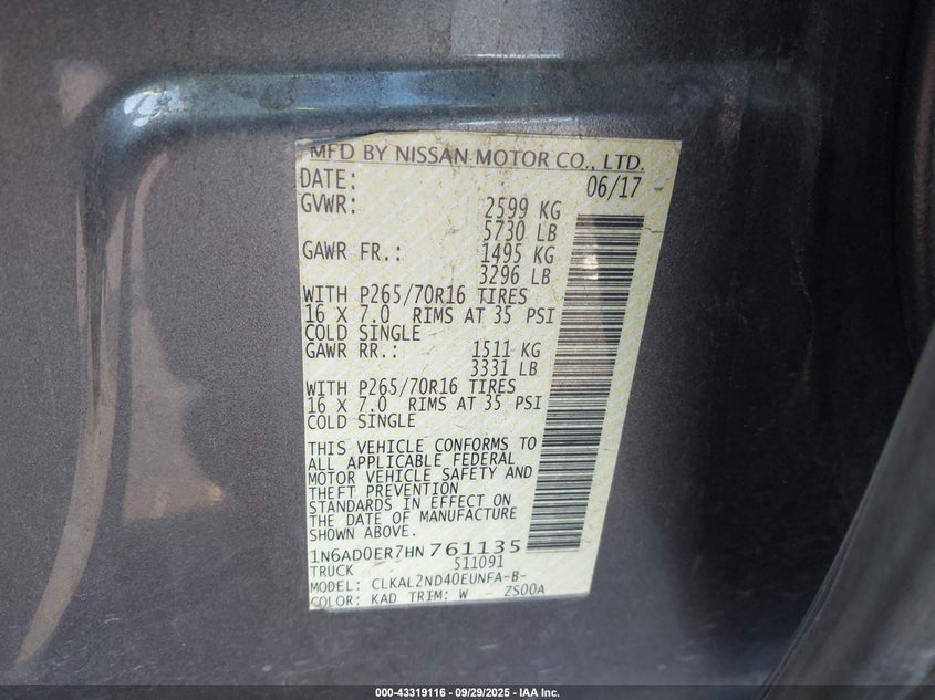 2017 NISSAN FRONTIER SV - 1N6AD0ER7HN761135