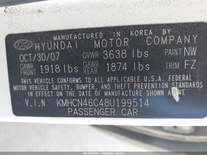 2008 Hyundai Accent Gls VIN: KMHCN46C48U199514 Lot: 43319121
