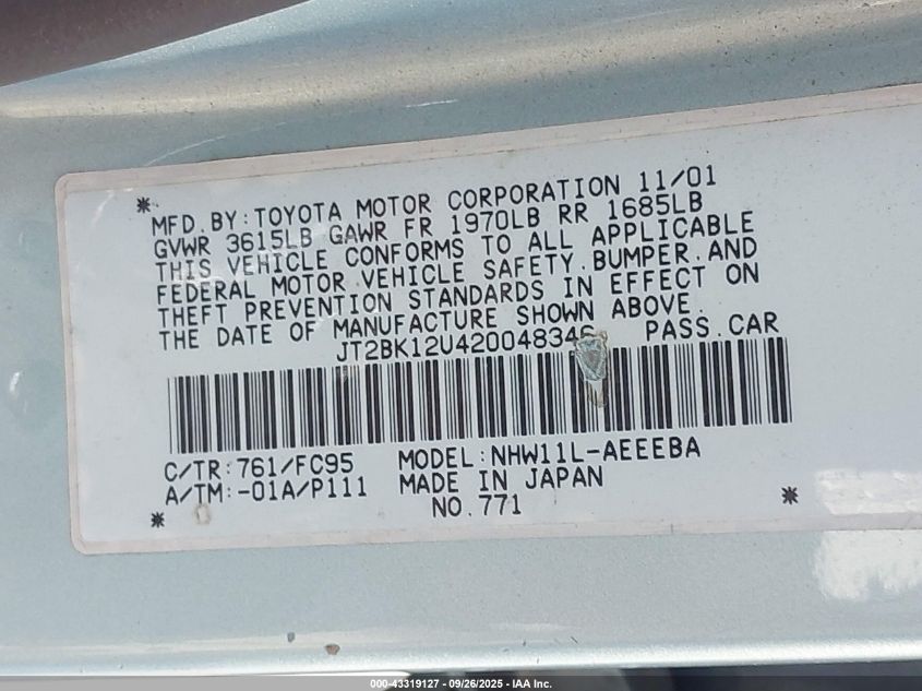 2002 Toyota Prius VIN: JT2BK12U420048346 Lot: 43319127