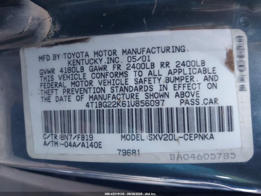 2001 Toyota Camry Le VIN: 4T1BG22K61U856097 Lot: 43319135