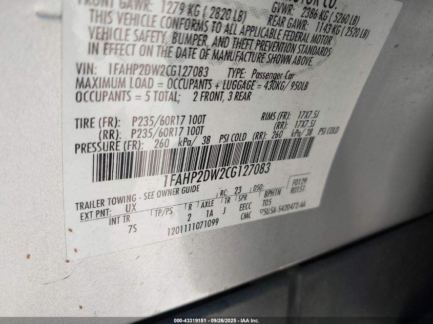 2012 Ford Taurus Se VIN: 1FAHP2DW2CG127083 Lot: 43319151