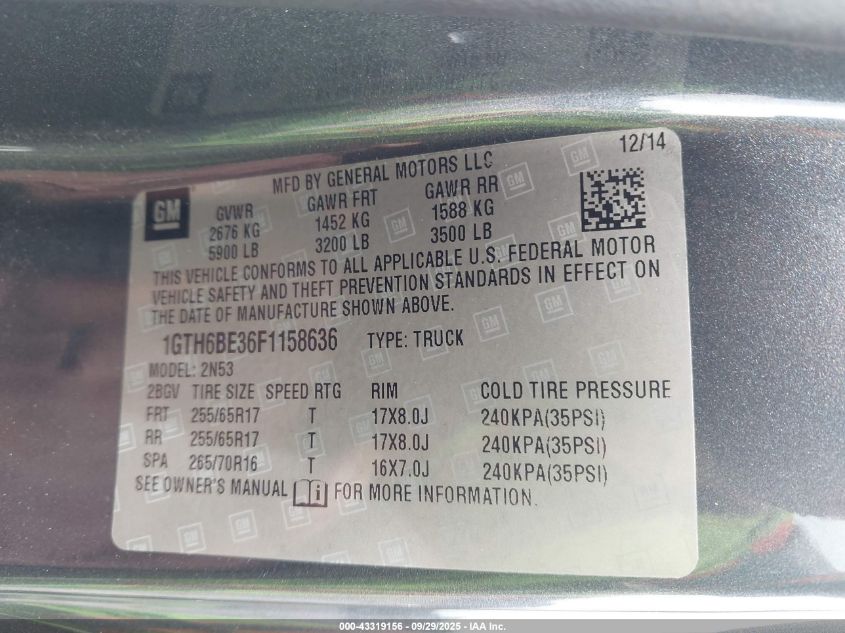 2015 GMC Canyon Sle VIN: 1GTH6BE36F1158636 Lot: 43319156