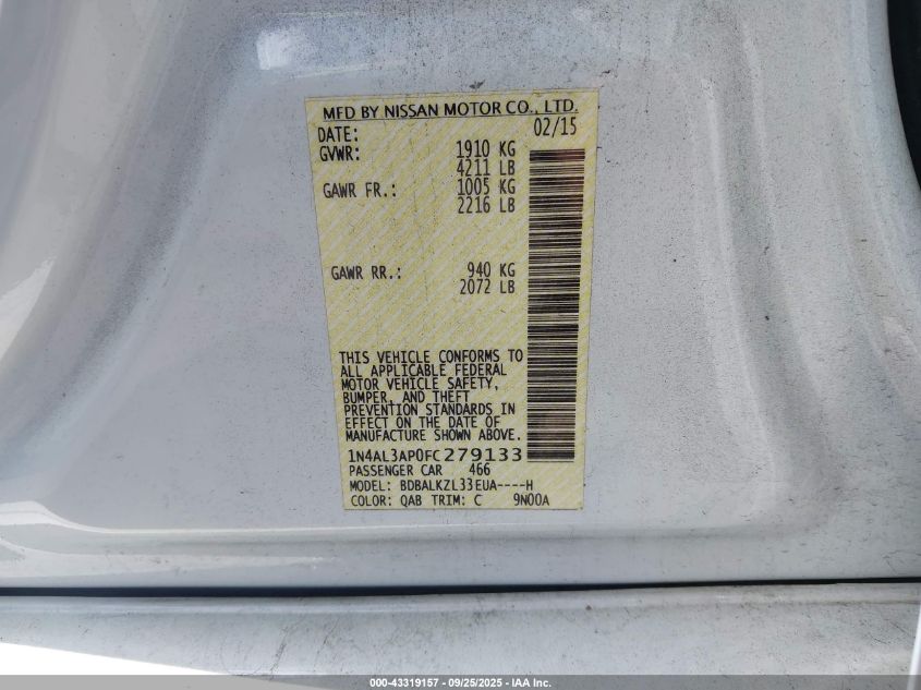 2015 Nissan Altima 2.5 Sv VIN: 1N4AL3AP0FC279133 Lot: 43319157