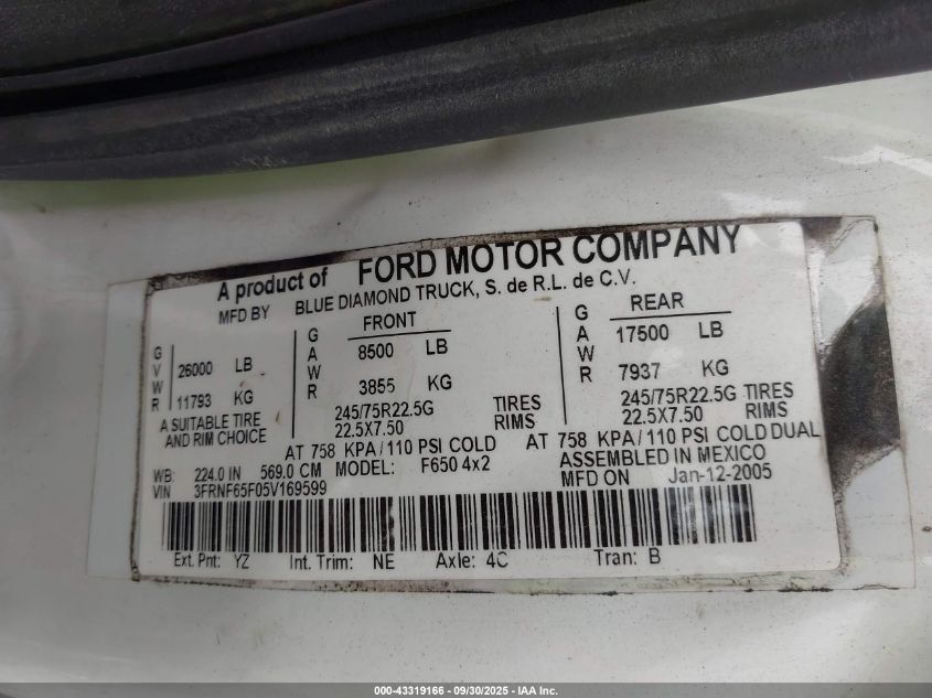2005 Ford F-650 Xl/Xlt VIN: 3FRNF65F05V169599 Lot: 43319166
