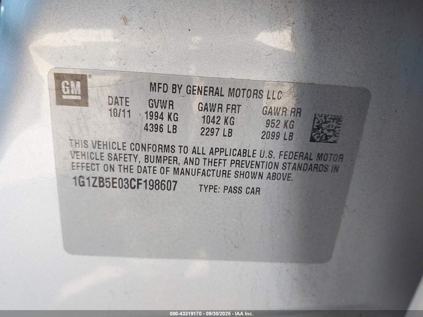 2012 Chevrolet Malibu Ls VIN: 1G1ZB5E03CF198607 Lot: 43319170