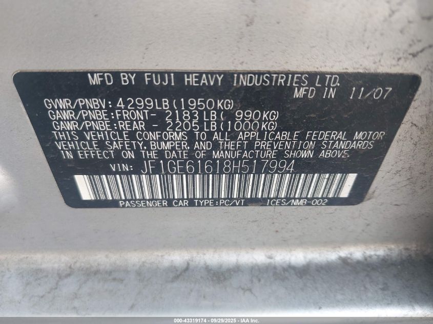 2008 Subaru Impreza 2.5I VIN: JF1GE61618H517994 Lot: 43319174