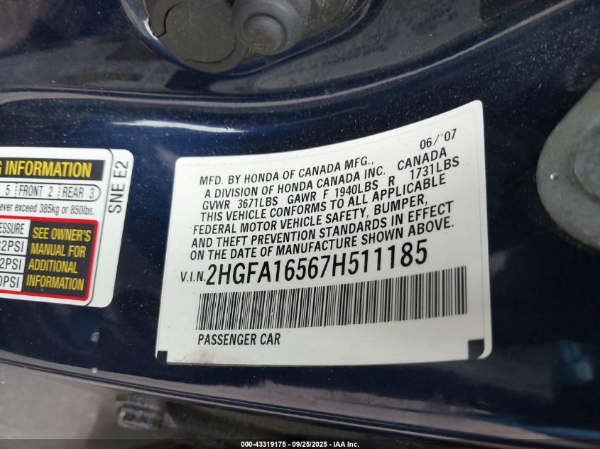 2007 Honda Civic Lx VIN: 2HGFA16567H511185 Lot: 43319175