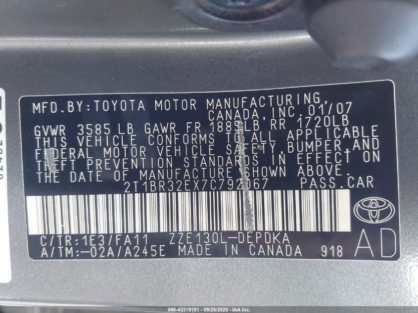 2007 Toyota Corolla Ce VIN: 2T1BR32EX7C792067 Lot: 43319181