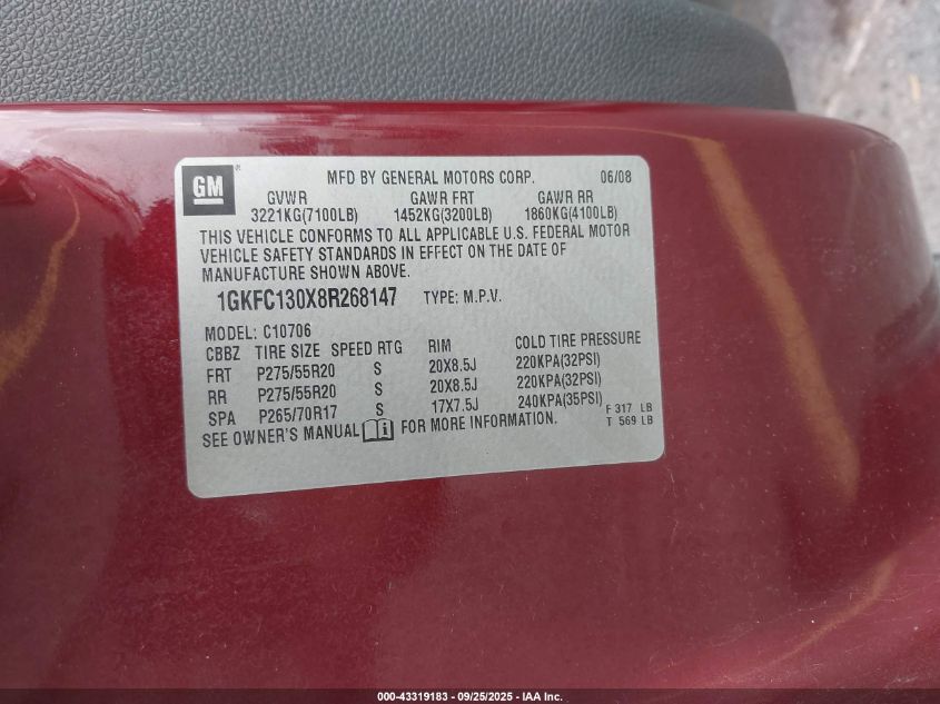 2008 GMC Yukon Slt VIN: 1GKFC130X8R268147 Lot: 43319183