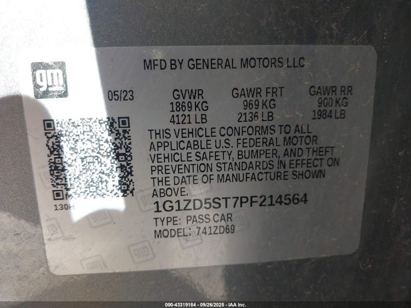 2023 Chevrolet Malibu Fwd 1Lt VIN: 1G1ZD5ST7PF214564 Lot: 43319184