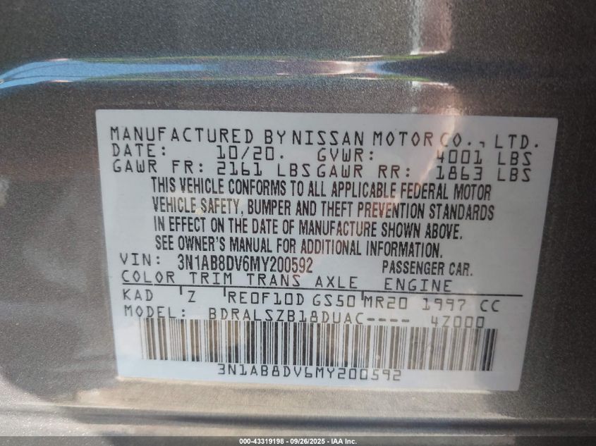 2021 Nissan Sentra Sr Xtronic Cvt VIN: 3N1AB8DV6MY200592 Lot: 43319198